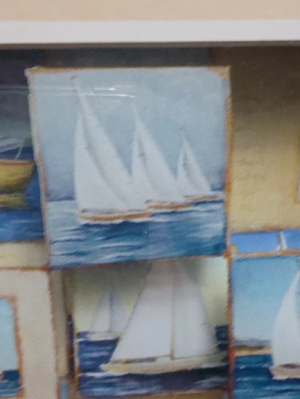Coastal Sailboat Collage Wall Art - White Frame - 9 Tiles 3D